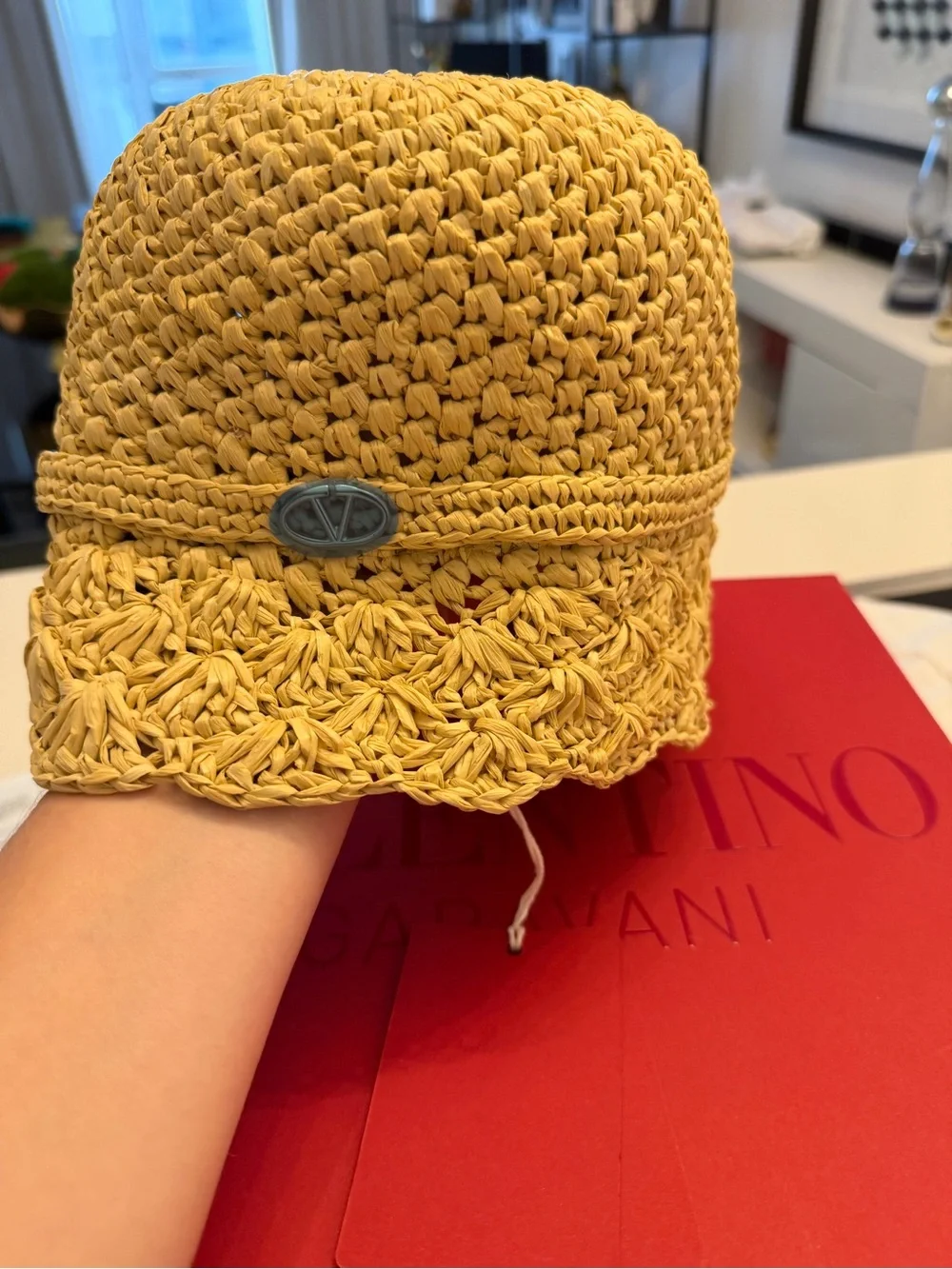 Valentino Garden Crochet Raffia Bucket Hat With V-Logo